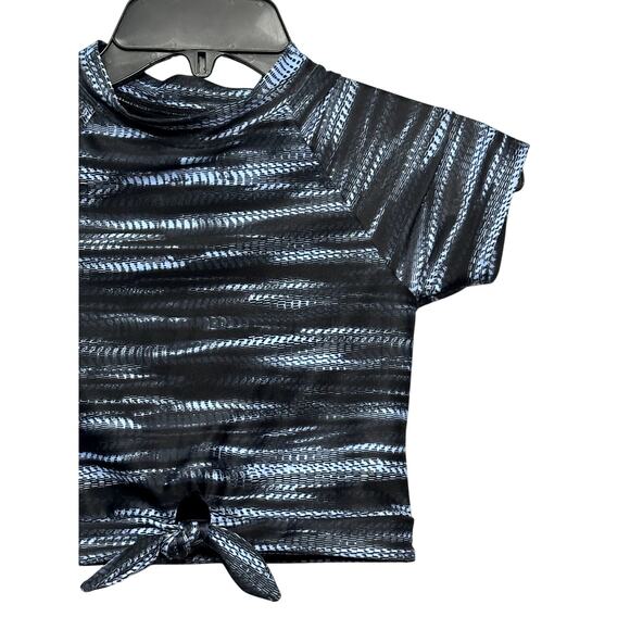 Z By Zella Swim Shirt High Neck Tie Front Short Sleeve Black Blue Girls 12 NWOT - Picture 3 of 7